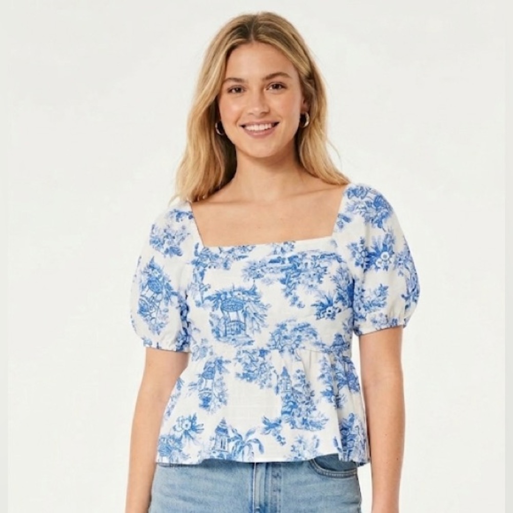 Crown Blue and White boho Puff Sleeve Blouse size XLarge